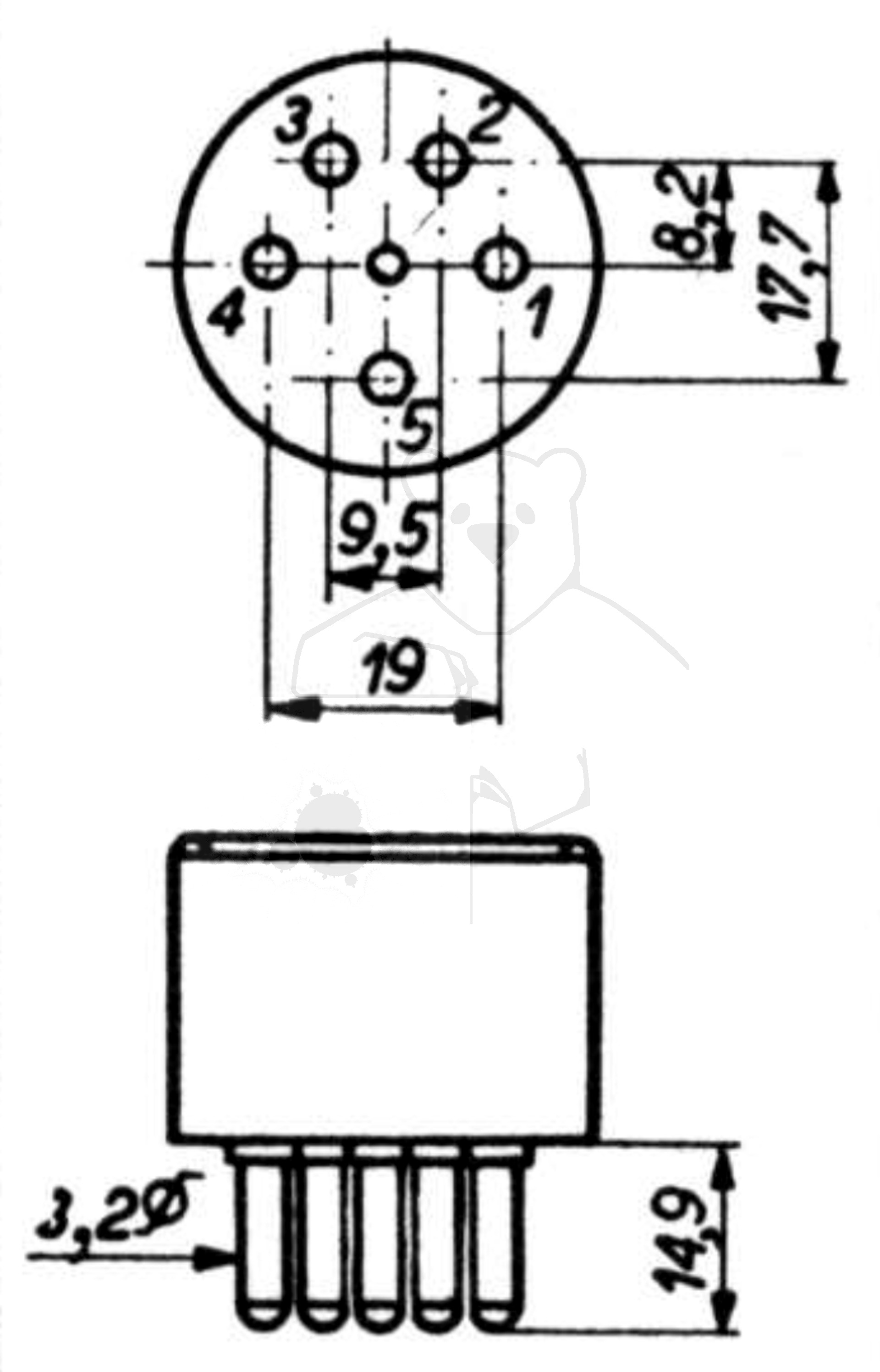 Fassung für Röhren mit: USA, Small, 5pol. aus: Das große Röhrenhandbuch, Franzis Verlag, 1995 München